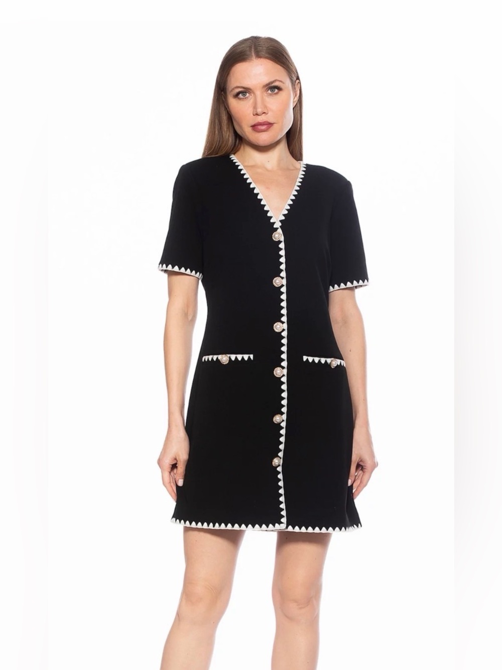 Alexia Admor Black Scallop Trim Mini Dress 8 NWT Pearl Button Event